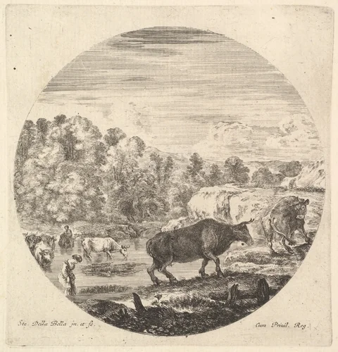Two cows in center, followed by two peasant women and other cows in the river to left, from "Six Animal Subjects" (Six Sujets d'Animaux) by Stefano della Bella, print, 1643-1648