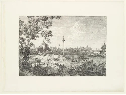Imaginary View of Padua, with a campanile and domed church at left, a column surmounted by a statue of a saint at center, and a cottage and water-mill at right in the foreground, from "Views" (Vedute altre prese da i luoghi altre ideate da Antonio Canal) by Canaletto, print, 1735-1746