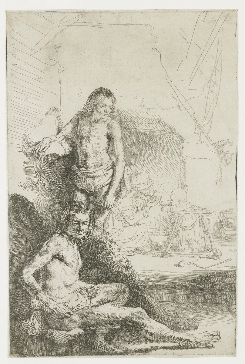 Male nude, seated and standing by Rembrandt van Rijn, print, 1646
