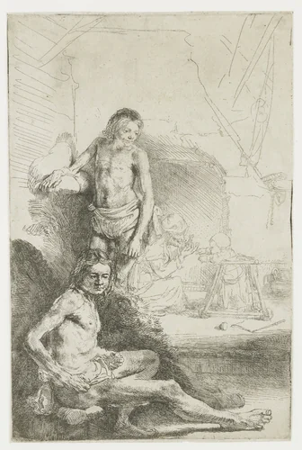 Male nude, seated and standing by Rembrandt van Rijn, print, 1646