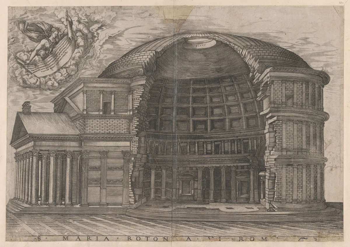 The Pantheon with cutaway showing the interior, from the "Speculum Romanae Magnificentiae" by anonymous, print, 1478-1562