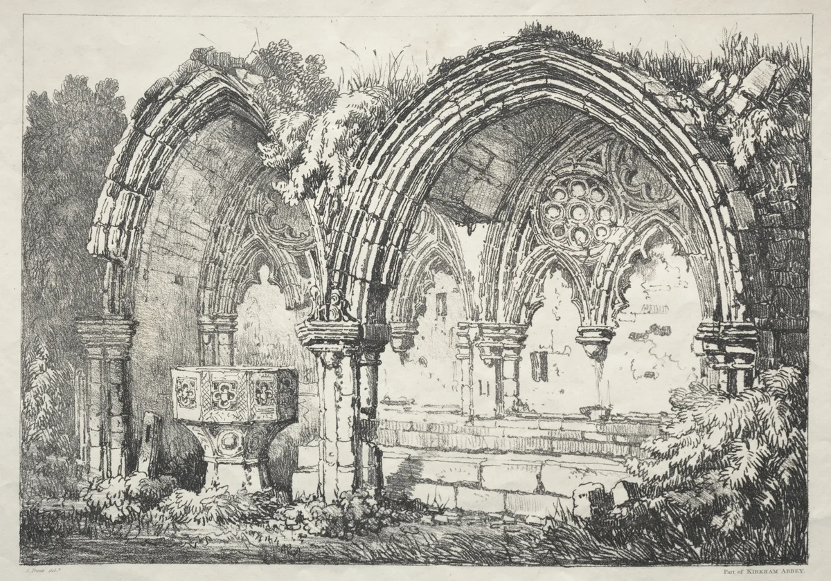 A Series of Ancient Buildings and Rural Cottages in the North of England: Part of Kirkham Abbey by Samuel Prout, print, 1821