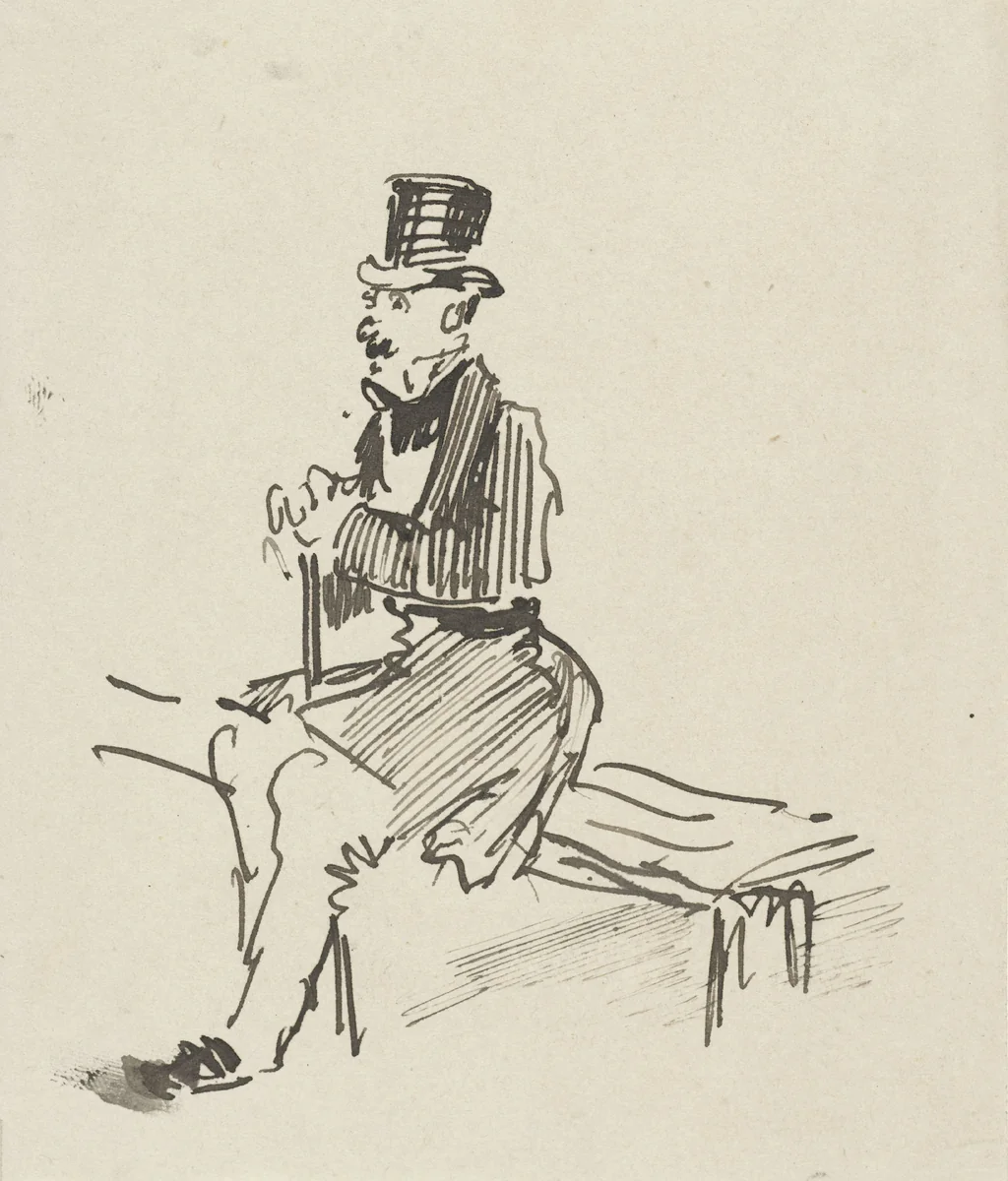 Schets van een zittende heer met hoge hoed by Maxime François Antoine Lalanne, drawing, 1837-1886