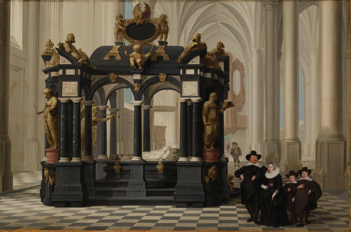 A Family beside the Tomb of Prince William i in the Nieuwe Kerk, Delft by Dirck van Delen, painting, 1645