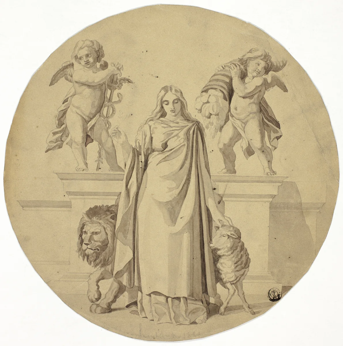 Allegorical Female Figure with Lion, Lamb, Two Putti by Frederic Leighton, drawing, 1850-1896