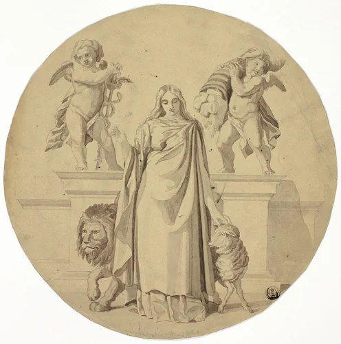 Allegorical Female Figure with Lion, Lamb, Two Putti by Frederic Leighton, drawing, 1850-1896