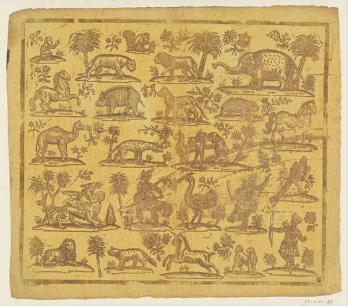 Blad met dieren en stereotiepe indianen in vijf rijen by anonymous, other, 1760-1820