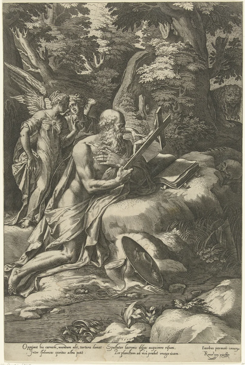 Hieronymus met twee engelen by Unknown, print, 1577