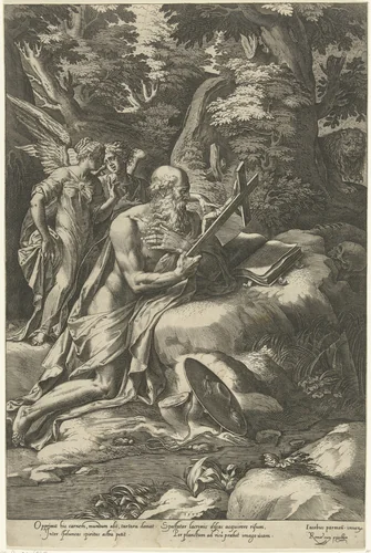 Hieronymus met twee engelen by Unknown, print, 1577