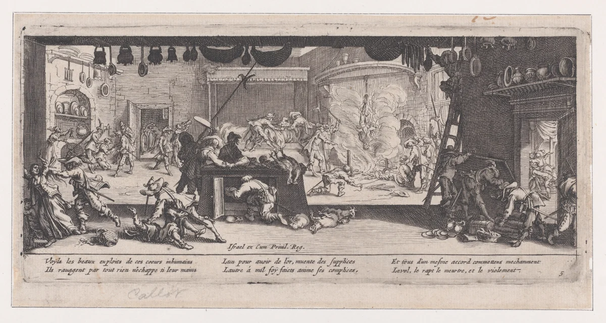 Le Pillage d'une Ferme (The Looting of a Farm), from Les Misères et les Mal-Heures de la Guerre (The Miseries and Misfortunes of War), plate 5 by Jacques Callot, print, 1633