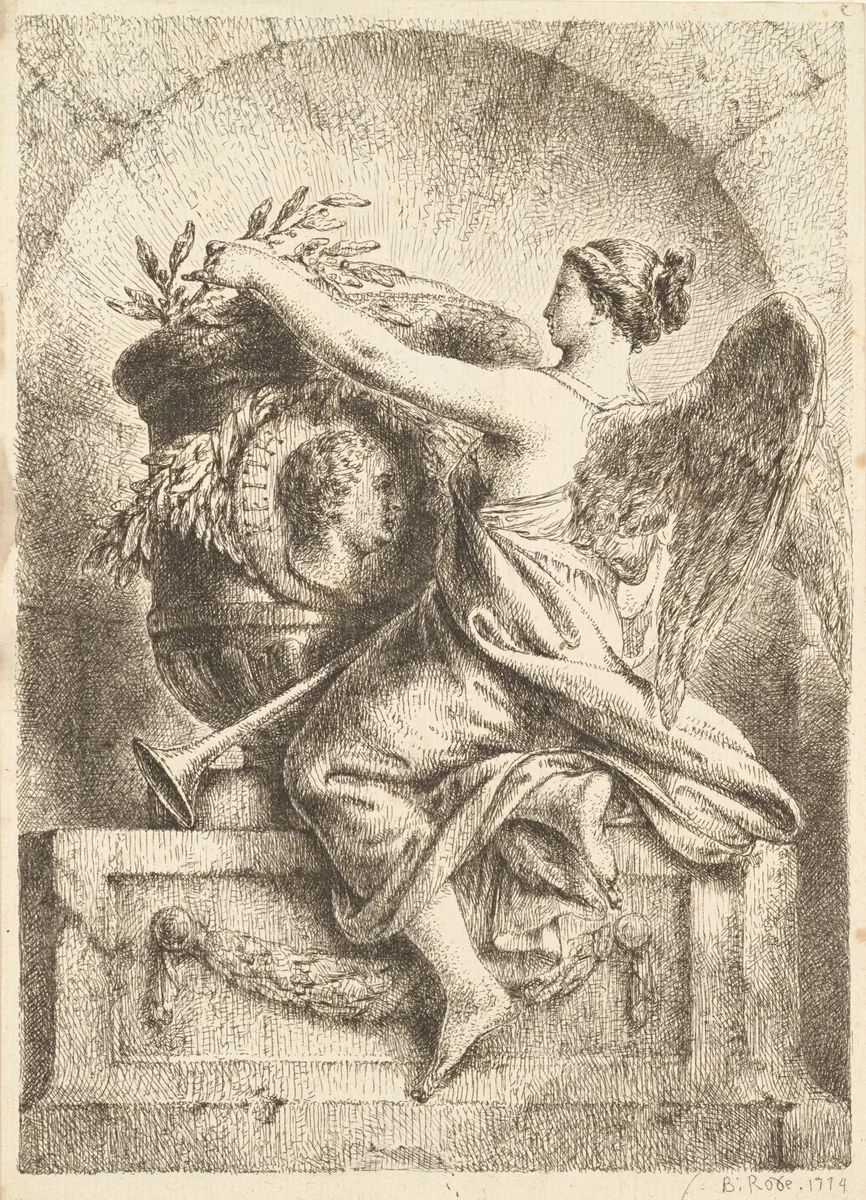 The Goddess of Fame Placing a Laurel Wreath on the Memorial to General Keith by Bernhard Rode, print, 1774