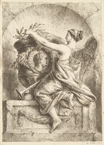 The Goddess of Fame Placing a Laurel Wreath on the Memorial to General Keith by Bernhard Rode, print, 1774