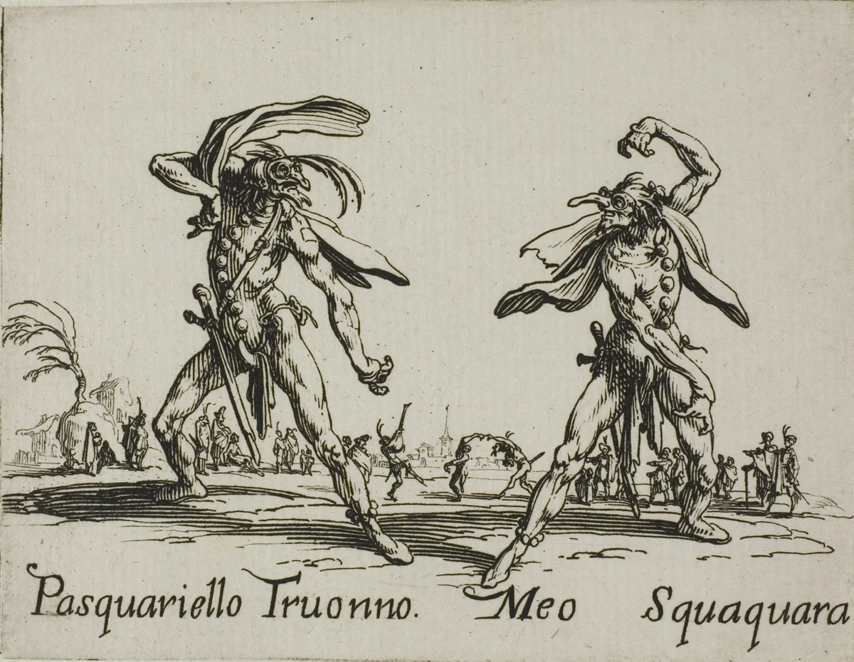 Pasquariello Truonno - Meo Squaquara, plate 20 from Balli di Sfessania by Jacques Callot, print, 1617-1627