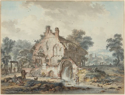 Rustic Watermill in a Gothic Ruin by Hendrik de Meyer II, drawing, 1778
