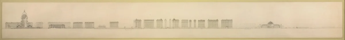 Plate 126 from The Plan of Chicago, 1909: Chicago. Section Looking North, Taken through Proposed Grand Axis of the City, Showing the Civic Center and Grant Park. by Daniel Hudson Burnham
Edward Herbert Bennett, drawing, 1909