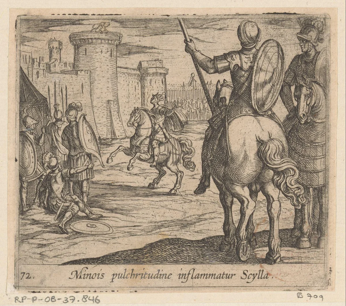 Scylla kijkt naar Minos vanaf de muren van het kasteel by Antonio Tempesta, print, 1606
