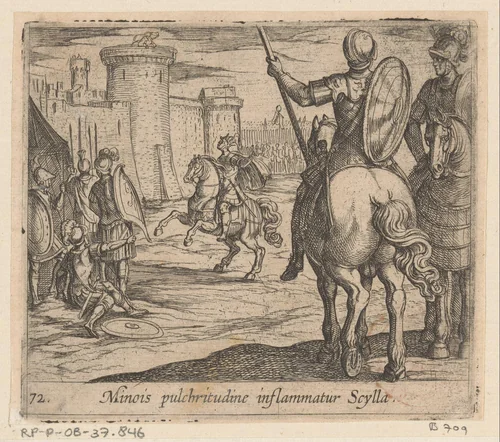 Scylla kijkt naar Minos vanaf de muren van het kasteel by Antonio Tempesta, print, 1606