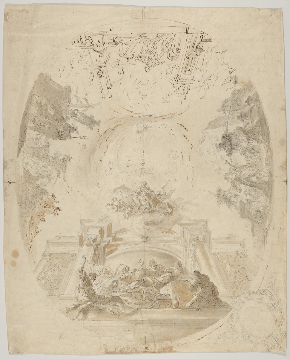Design for a ceiling fresco with scenes from the life of Saint Barbara by Johann Baptist Enderle, drawing, 1745-1798