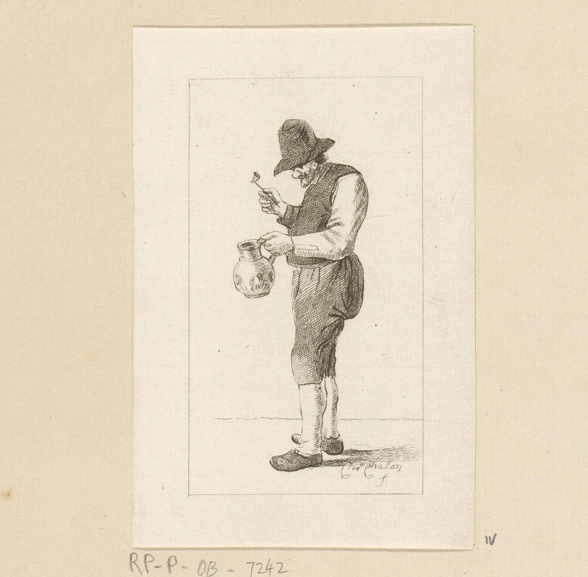 Staande man met pijp en kruik by Pieter de Mare, print, 1779