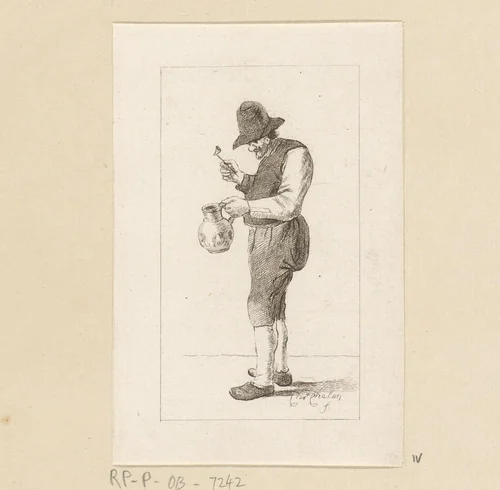 Staande man met pijp en kruik by Pieter de Mare, print, 1779