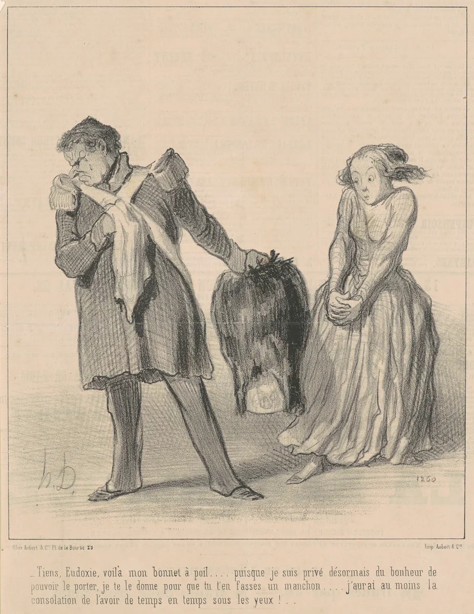 Tiens, Eudoxie, voila mon bonnet a poil ... by Honoré Daumier, print, 1848