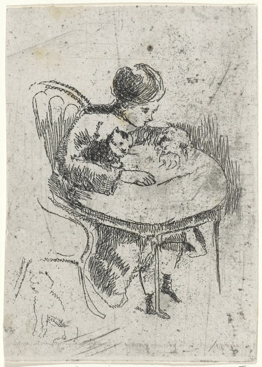 Meisje met poes aan tafel by Arnoud Schaepkens, print, 1831-1904