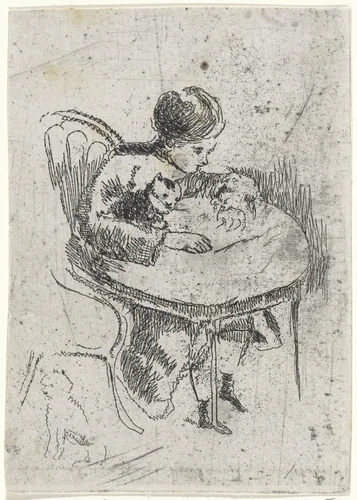 Meisje met poes aan tafel by Arnoud Schaepkens, print, 1831-1904