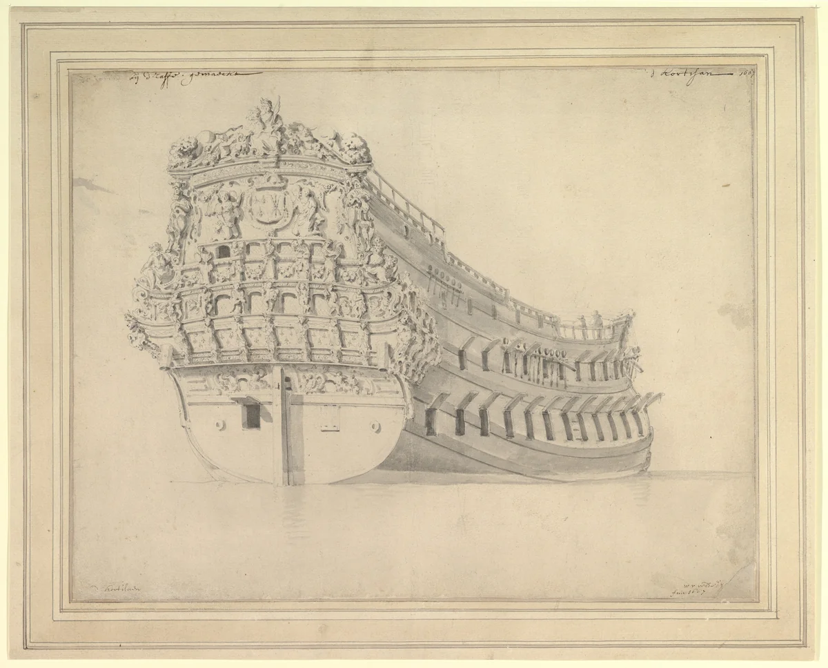 The French Vessel "Courtisan" by Willem van de Velde II, drawing, 1648-1707