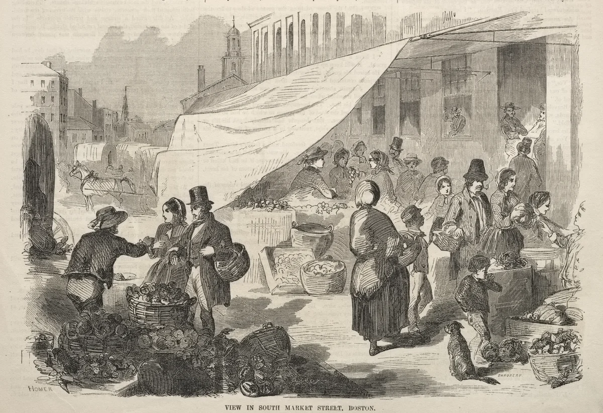 View in South Market Street, Boston by Winslow Homer, print, 1857