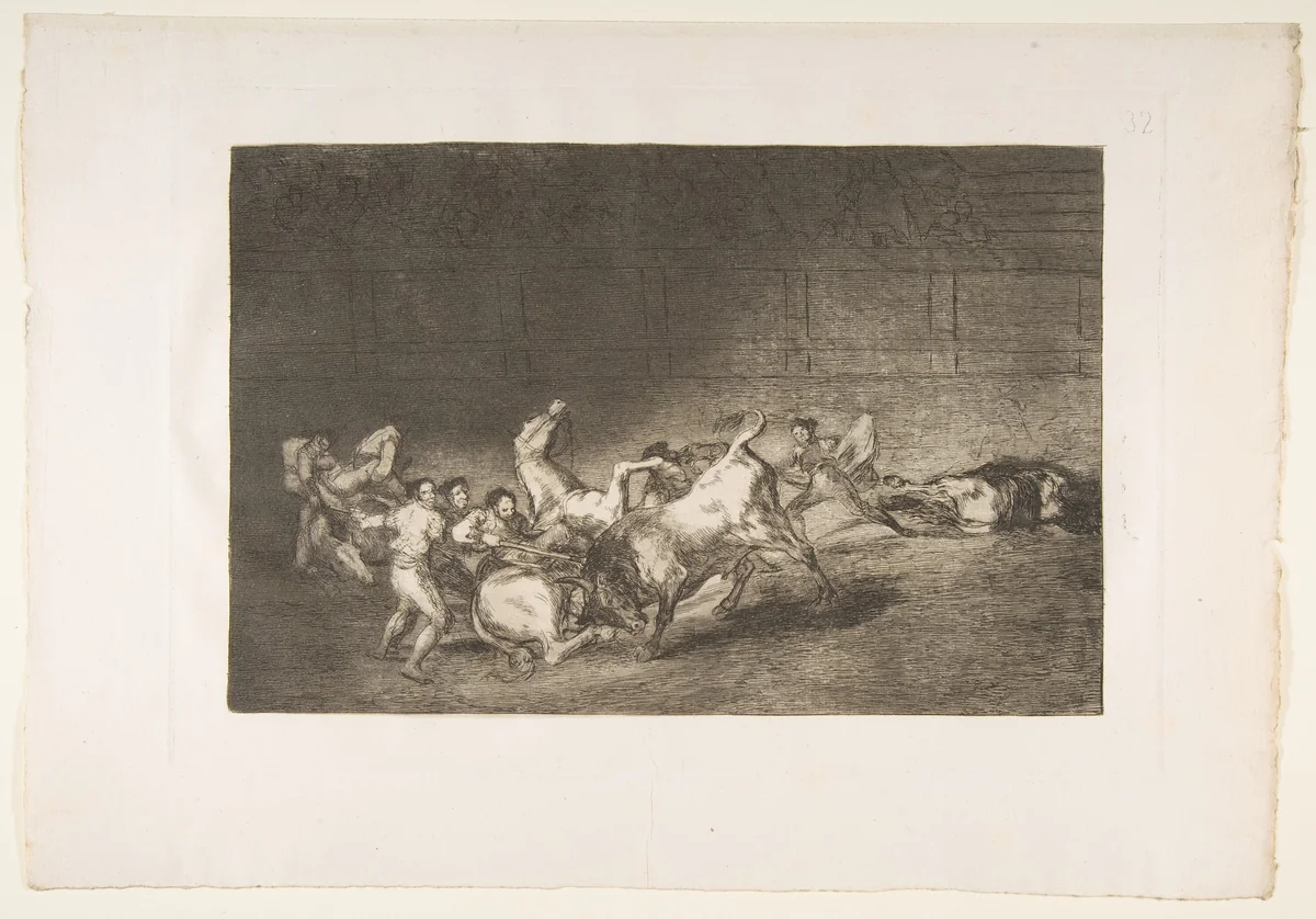 Plate 32 from "La Tauromaquia": Two teams of picadors thrown one after the other by a single bull by Goya, print, 1816