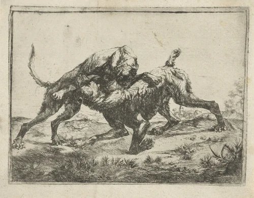 Vechtende honden by Pauwels van Hillegaert, print, 1606-1658