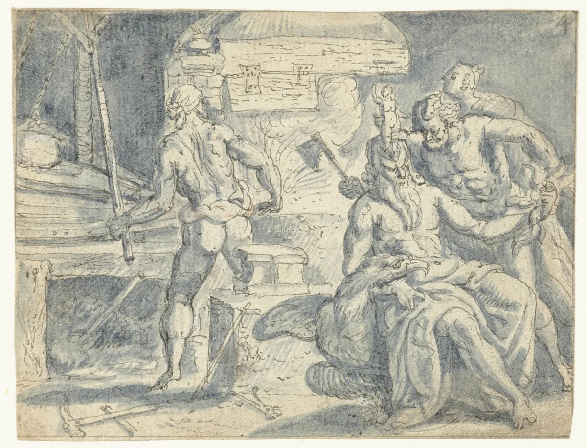 Geboorte van Minerva uit het hoofd van Jupiter by Jan Snellinck, drawing, 1575-1580
