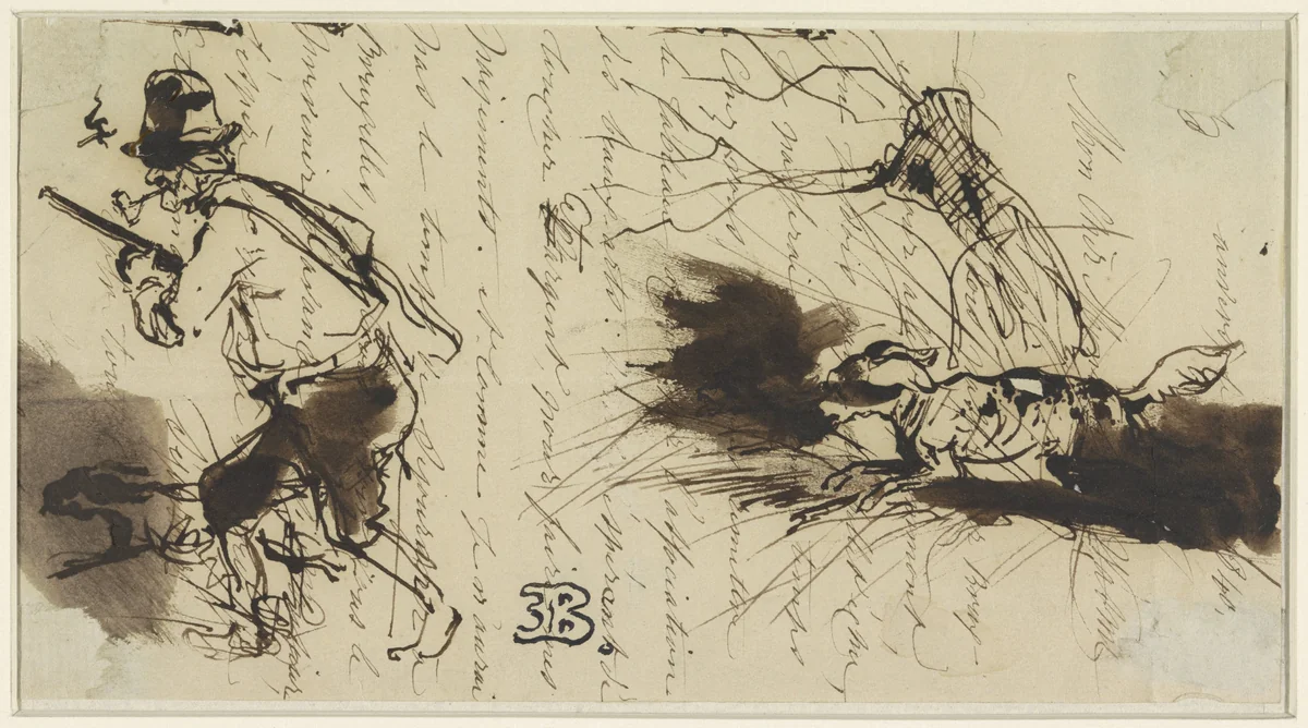 Jager met hond, over een brief getekend by Eugène François de Block, drawing, 1840
