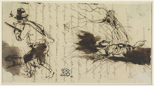 Jager met hond, over een brief getekend by Eugène François de Block, drawing, 1840