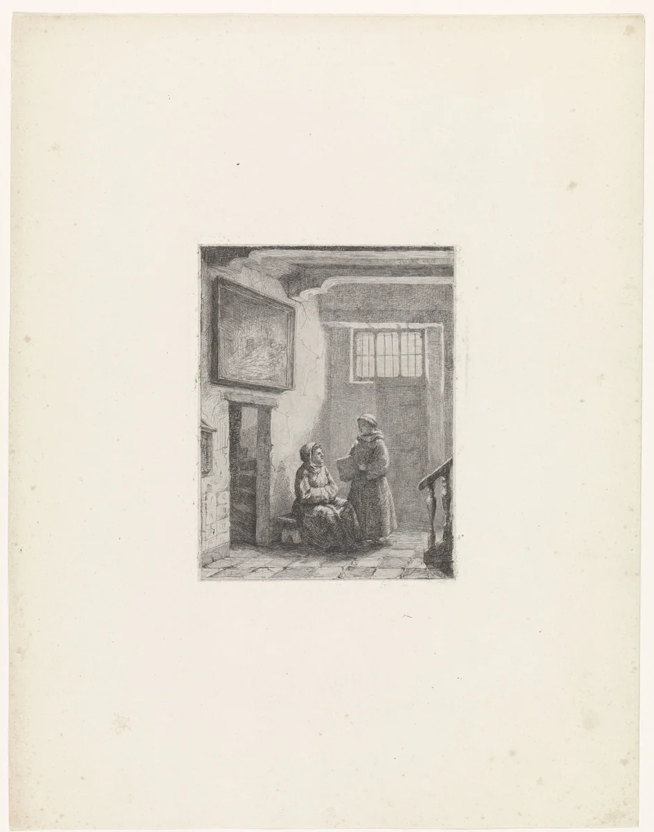 Zittende en staande monnik by David van der Kellen, print, 1858