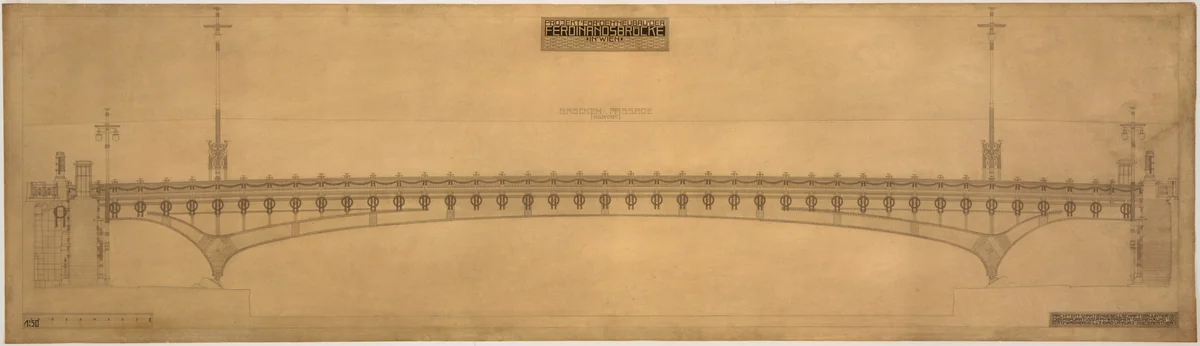 Ferdinandsbrücke Project, Vienna, Austria (Elevation, preliminary version) by Otto Wagner, architecture, 1896