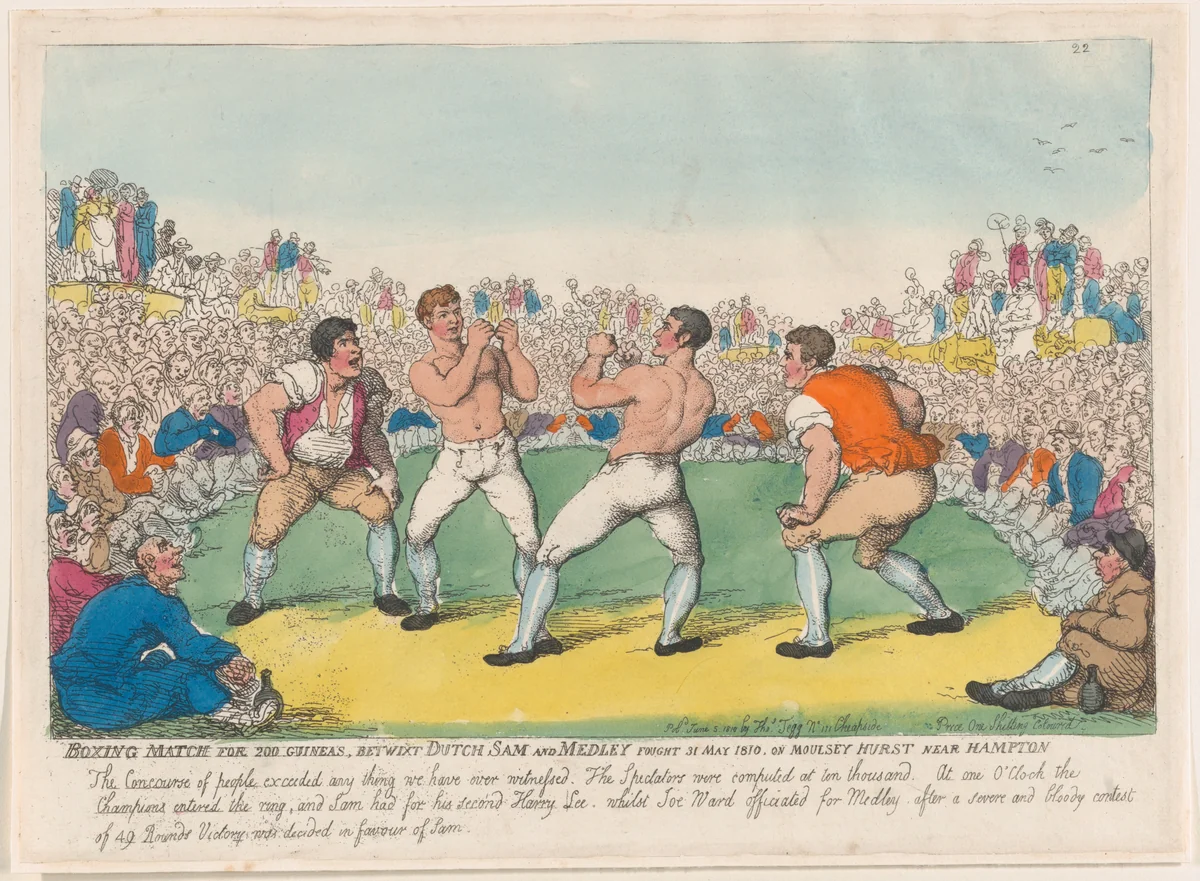 Boxing Match for 200 Guineas, Betwixt Dutch Sam and Medley Fought 31 May 1810, on Moulsey Hurst Near Hampton by Thomas Rowlandson, print, 1810