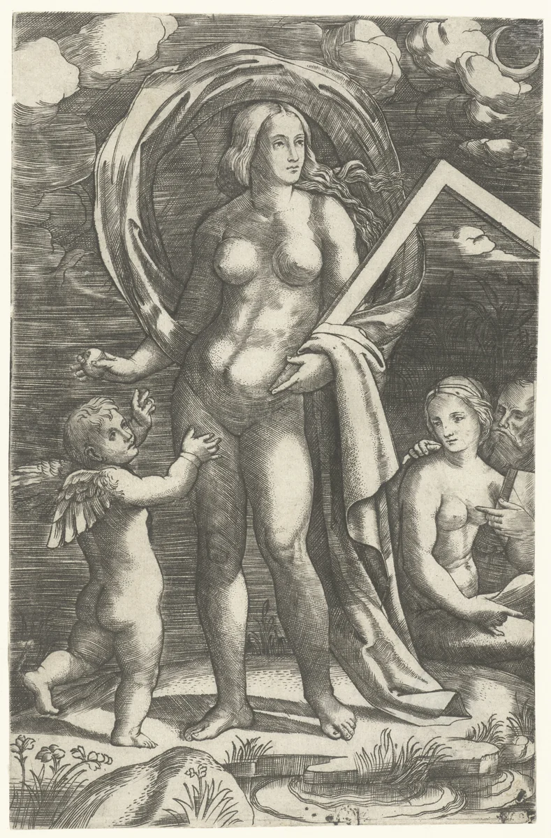 Venus met tekenhaak en Cupido en liefdespaar by Giacomo Francia, print, 1510-1530