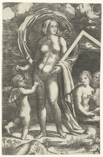 Venus met tekenhaak en Cupido en liefdespaar by Giacomo Francia, print, 1510-1530