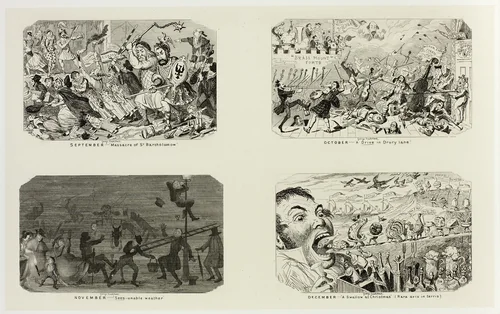 September - "Massacre of St. Bartholomew" from George Cruikshank's Steel Etchings to The Comic Almanacks: 1835-1853 (top left) by George Cruikshank, print, 1841