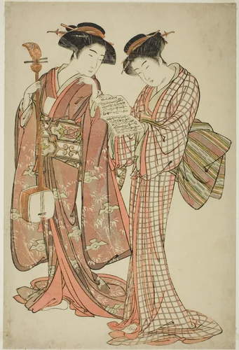 Two Geisha Holding a Shamisen and a Song Book by Kitao Shigemasa (北尾重政), print, 1772-1782