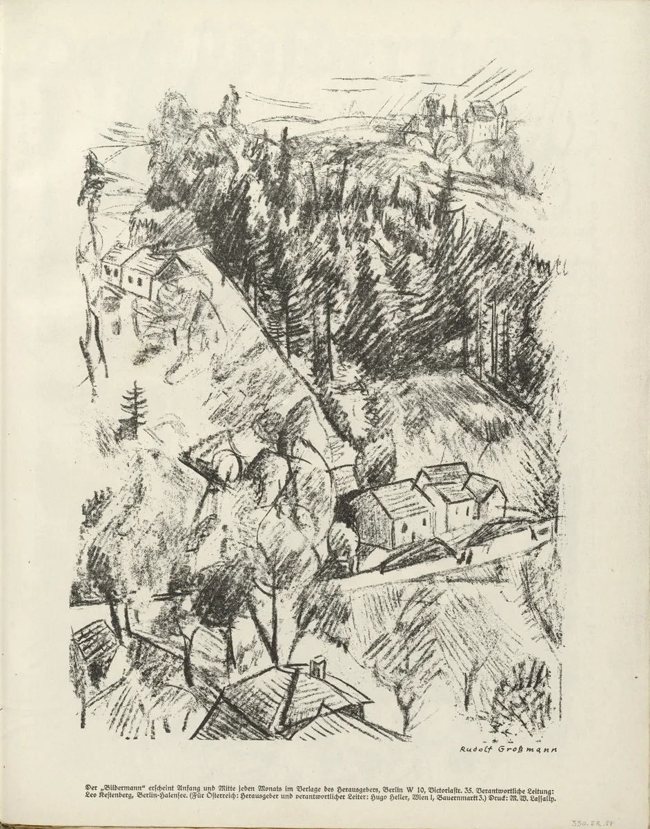 Hilly Landscape (Hügellandschaft) (plate, folio 27) from the periodical Der Bildermann, vol. 1, no. 13 (Oct 1916) by Rudolf Grossmann, periodical, 1916