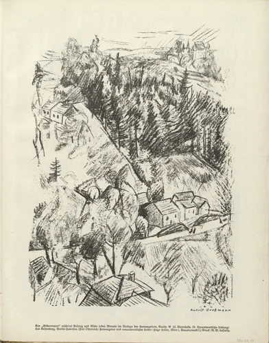 Hilly Landscape (Hügellandschaft) (plate, folio 27) from the periodical Der Bildermann, vol. 1, no. 13 (Oct 1916) by Rudolf Grossmann, periodical, 1916