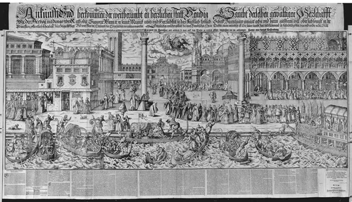 Procession of the Doge to the Bucintoro on Ascension Day, with a View of Venice, ca. 1565 by Jost Amman, print, 1697