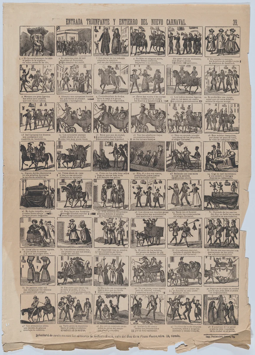 Broadside with 48 scenes depicting the triumphal entry and burial and entry of the new carnival by Antonio Bosch, print, 1855-1875