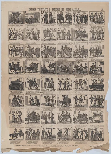 Broadside with 48 scenes depicting the triumphal entry and burial and entry of the new carnival by Antonio Bosch, print, 1855-1875