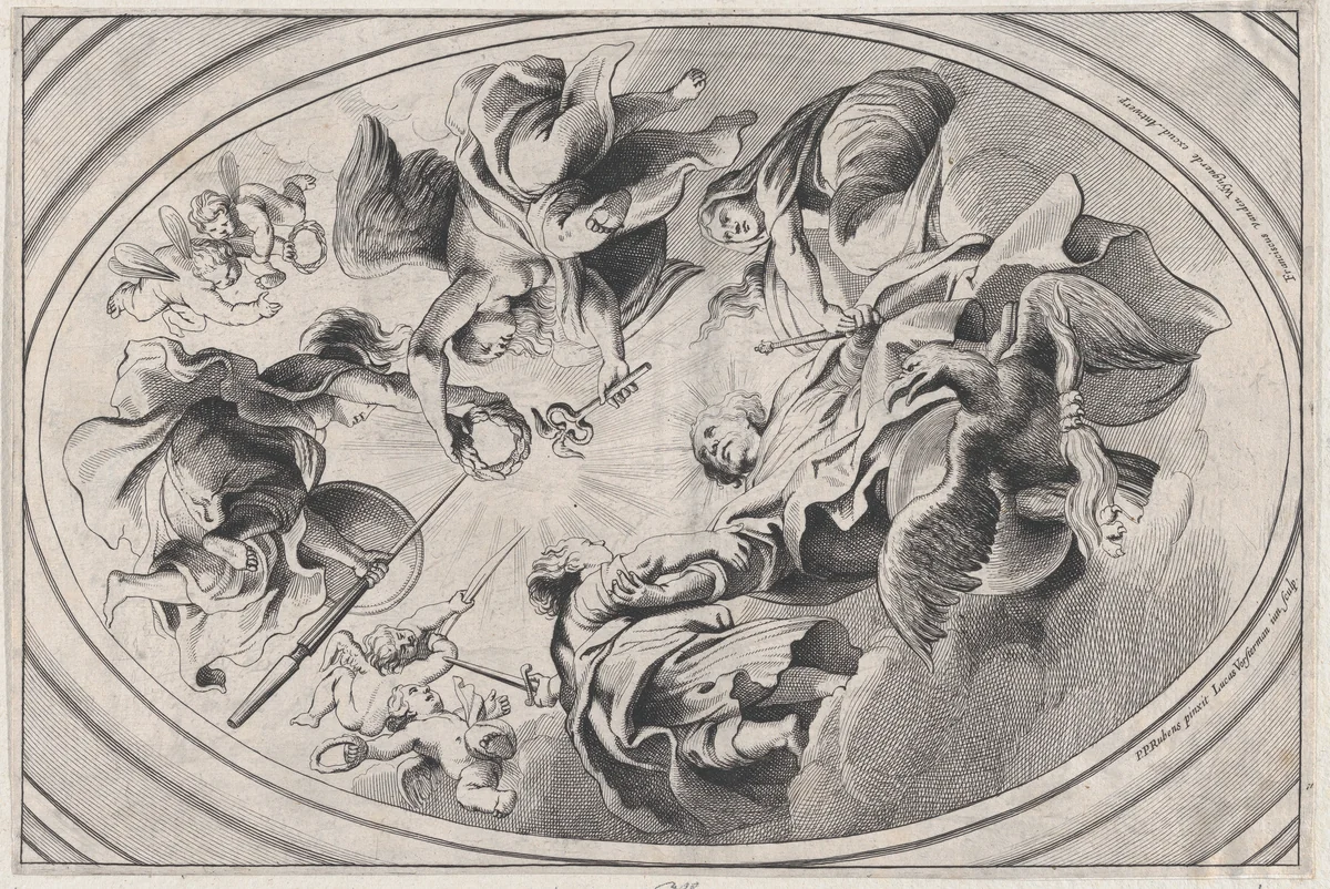 Apotheosis of James I, with the king seated at the bottom, an eagle below him, two angels holding a laurel above him, surrounded by putti by Lucas Vorsterman II, print, 1634-1671