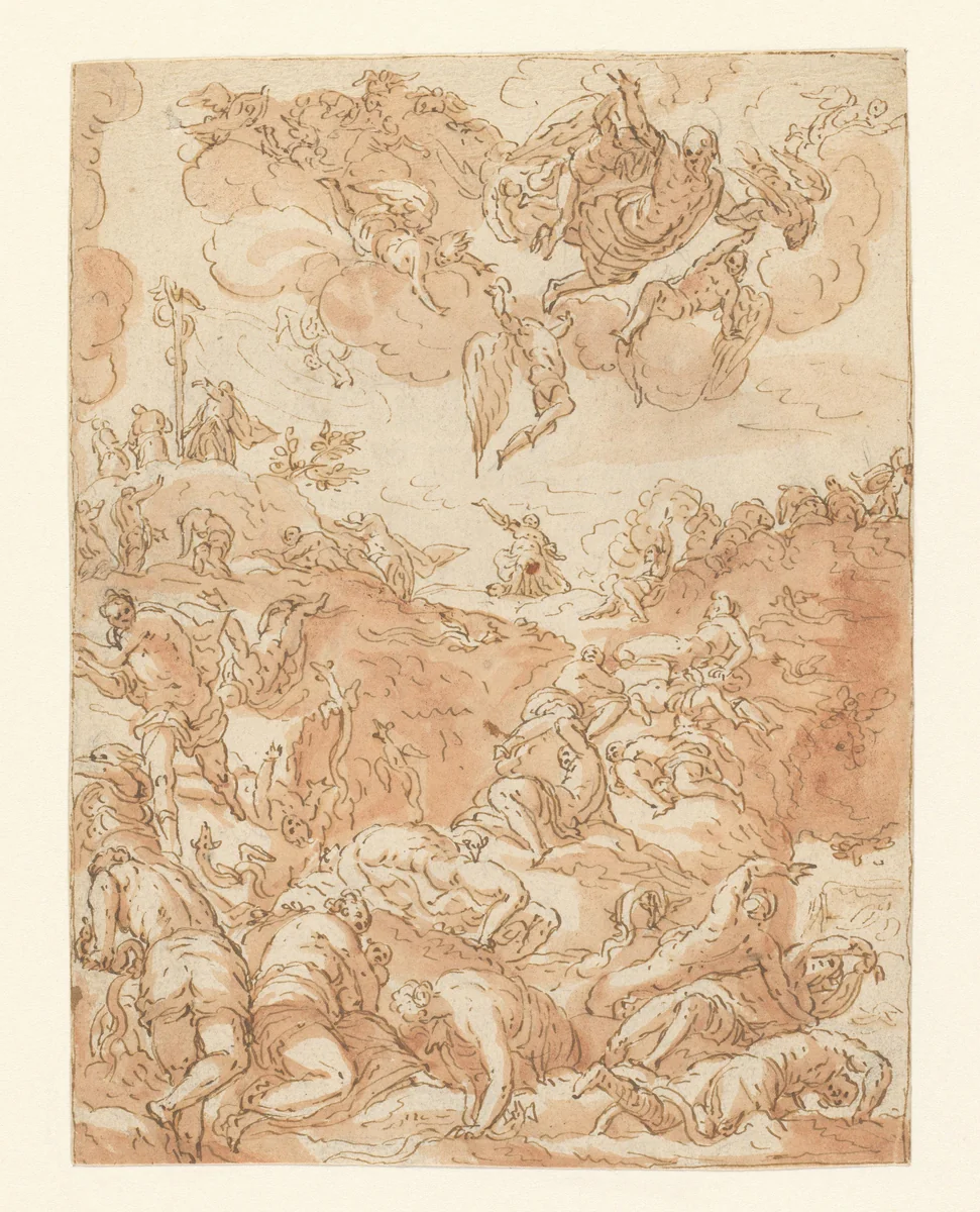 Oprichten van de koperen slang by anonymous, drawing, 1581