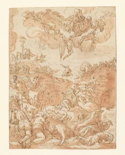 Oprichten van de koperen slang by anonymous, drawing, 1581