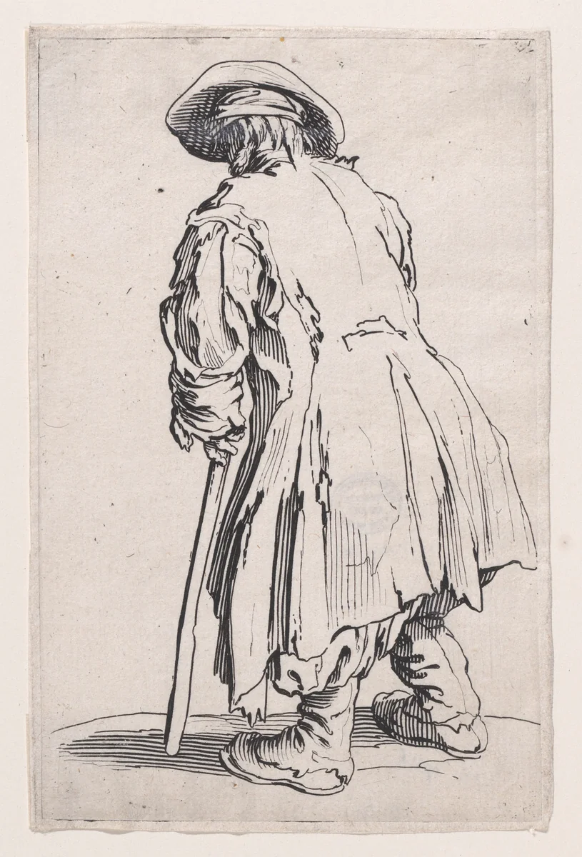 La Vieux Mendiant a une Seule Béquille (The Old Beggar with Only One Crutch), from "Les Gueux suite appelée aussi Les Mendiants, Les Baroni, ou Les Barons" (The Beggars, also called the Barons) by Jacques Callot, print, 1618-1628